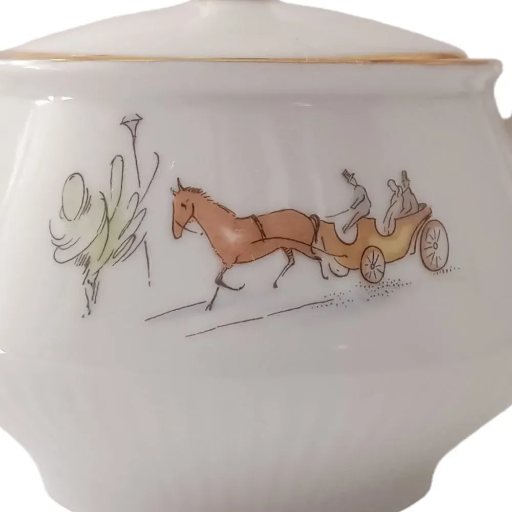Bareuther Germany Porcelain Sugar Bowl Horse Carriage Street Scene‎ 8010 Vintage